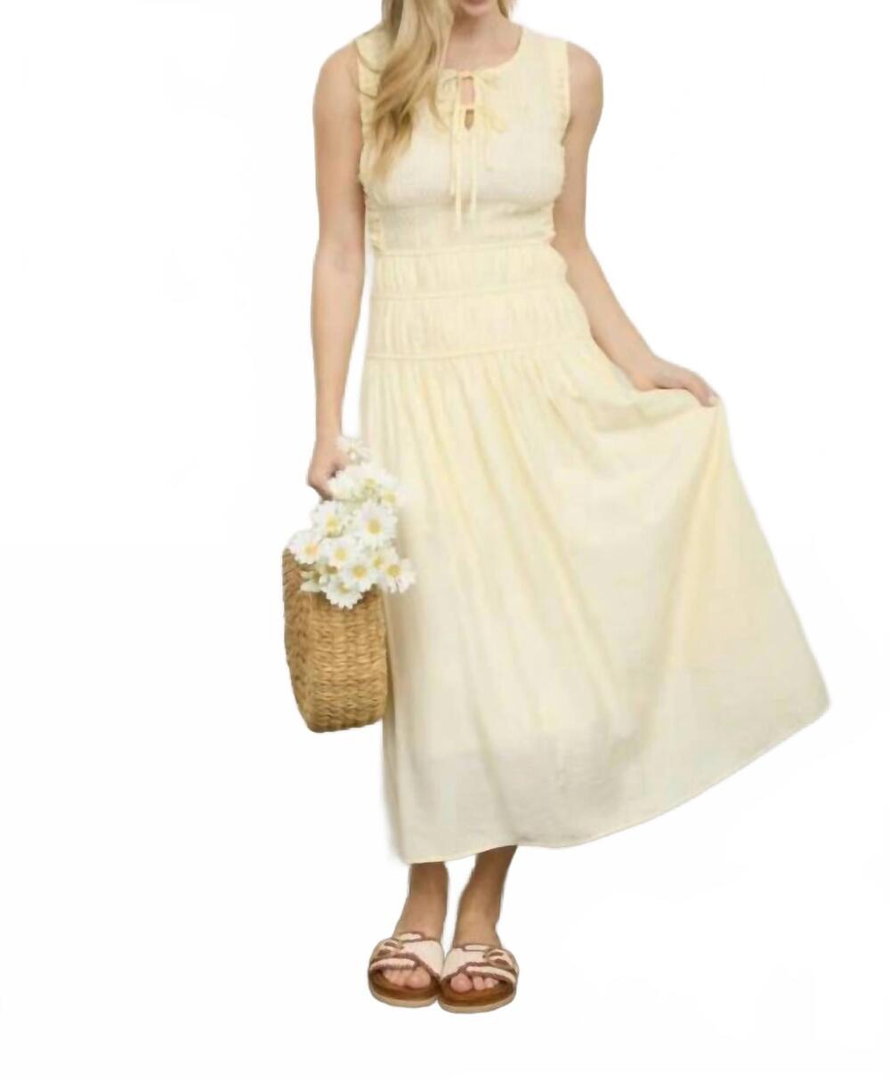 NEW MINE AND E&M front tie smocked sleeveless shirred midi dress in yellow